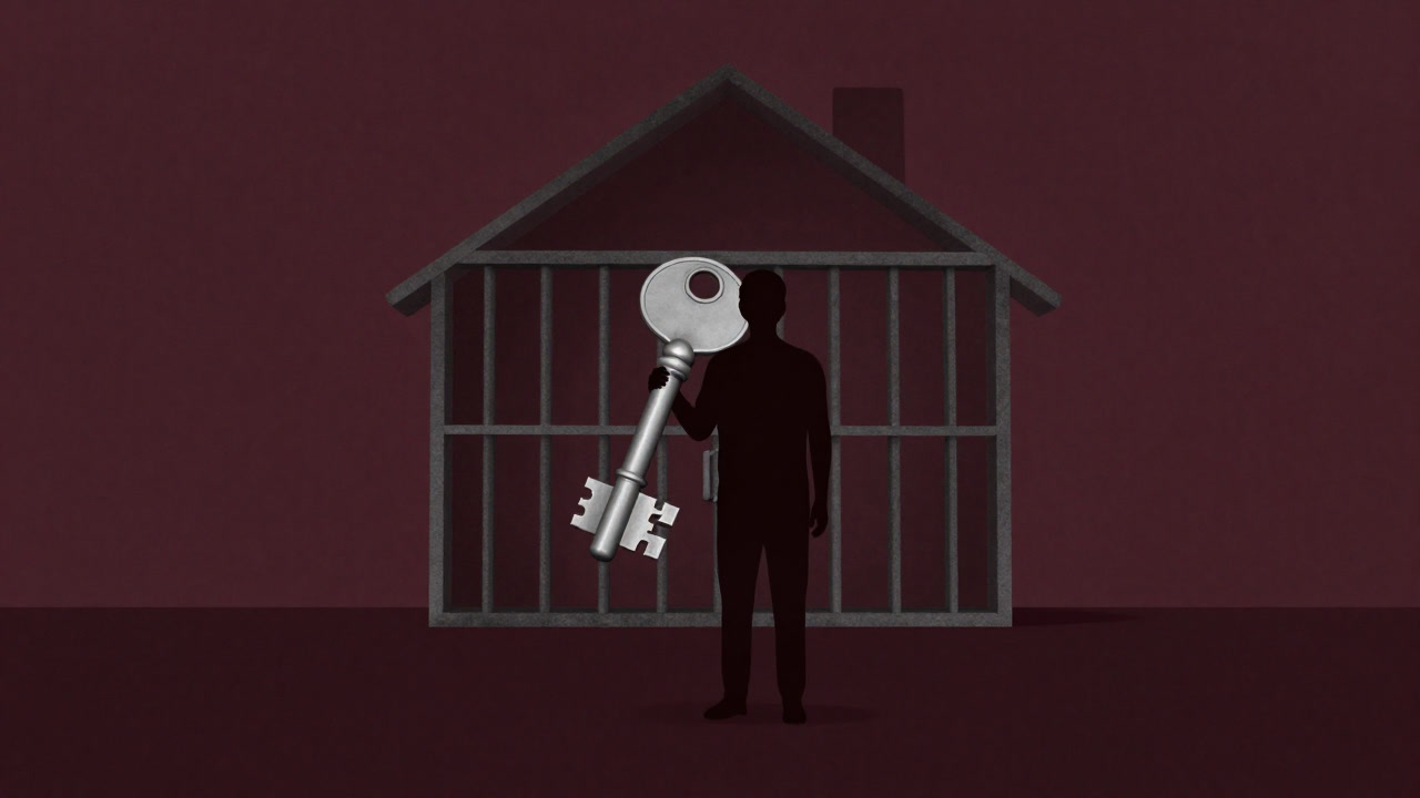 Silhouette of a parent holding keys over a cage-like house.