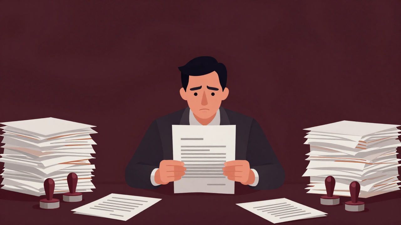 Illustration of a businessman surrounded by countless stamps, staring blankly at a document