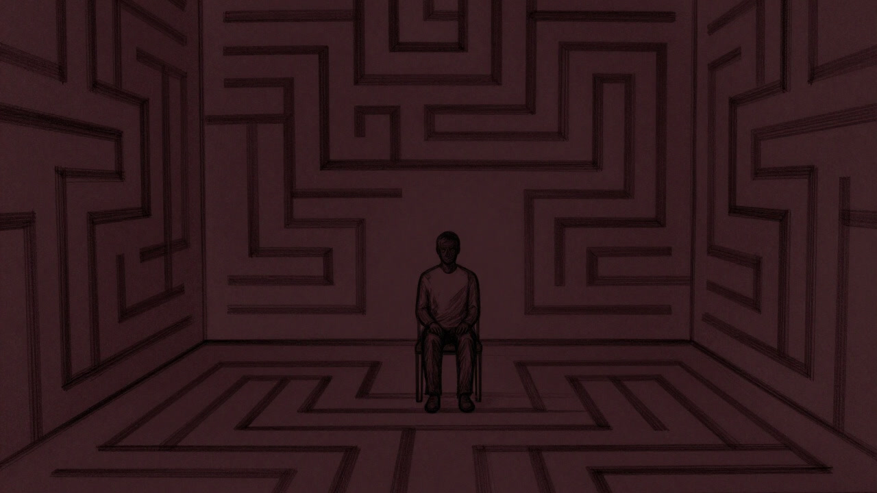 モノクロの部屋で静かに座る人物のシルエット。背景には幾何学模様の迷路。