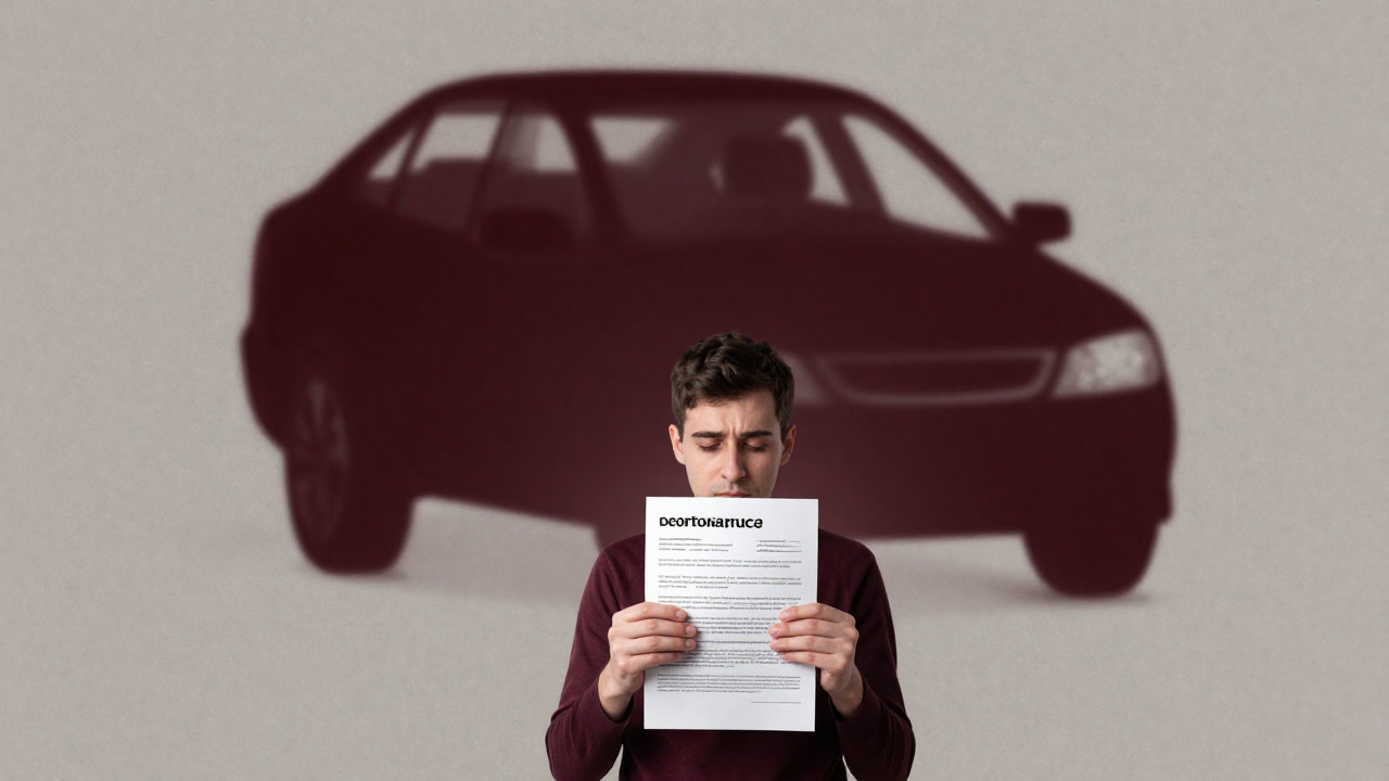 張り切ってローンの書類を抱えながら陰鬱な表情で佇む人と、背後に巨大な自動車ローンの影が伸びるイラスト