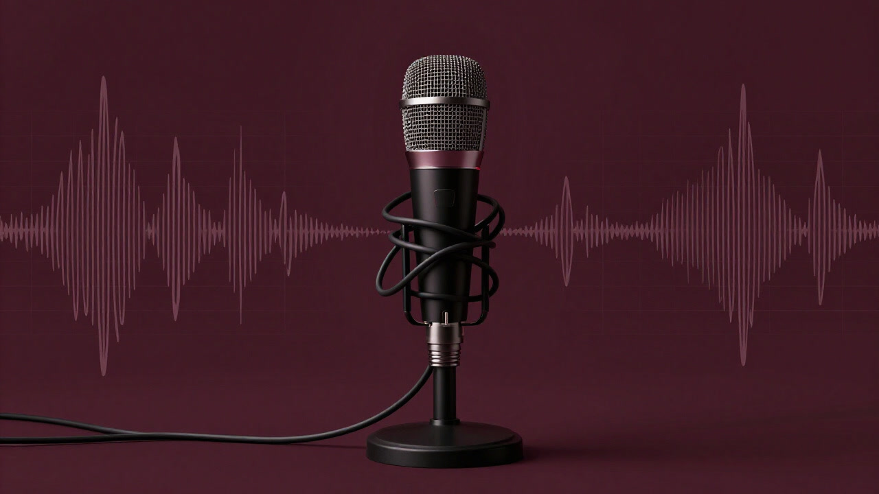 Artwork of a studio microphone entangled in cables with swirling waveforms in the background