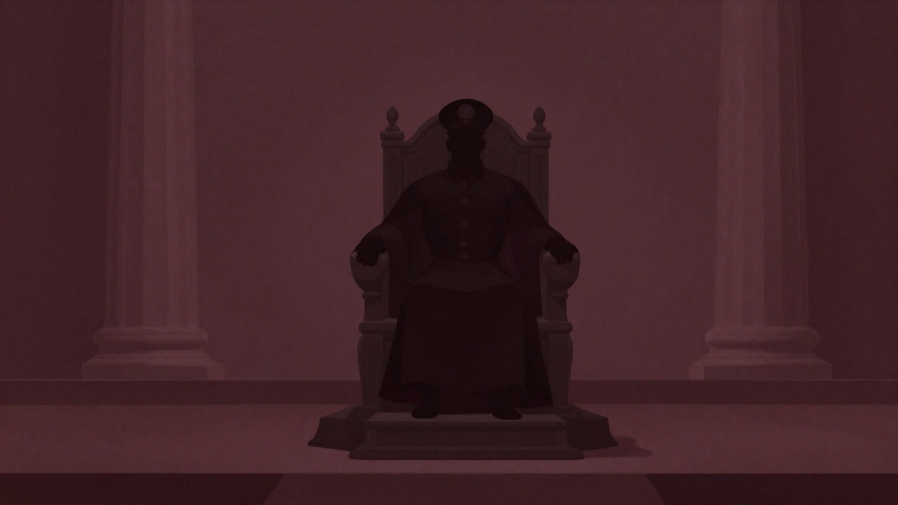 Silhouette of a lone dictator on a throne, gazing around forlornly