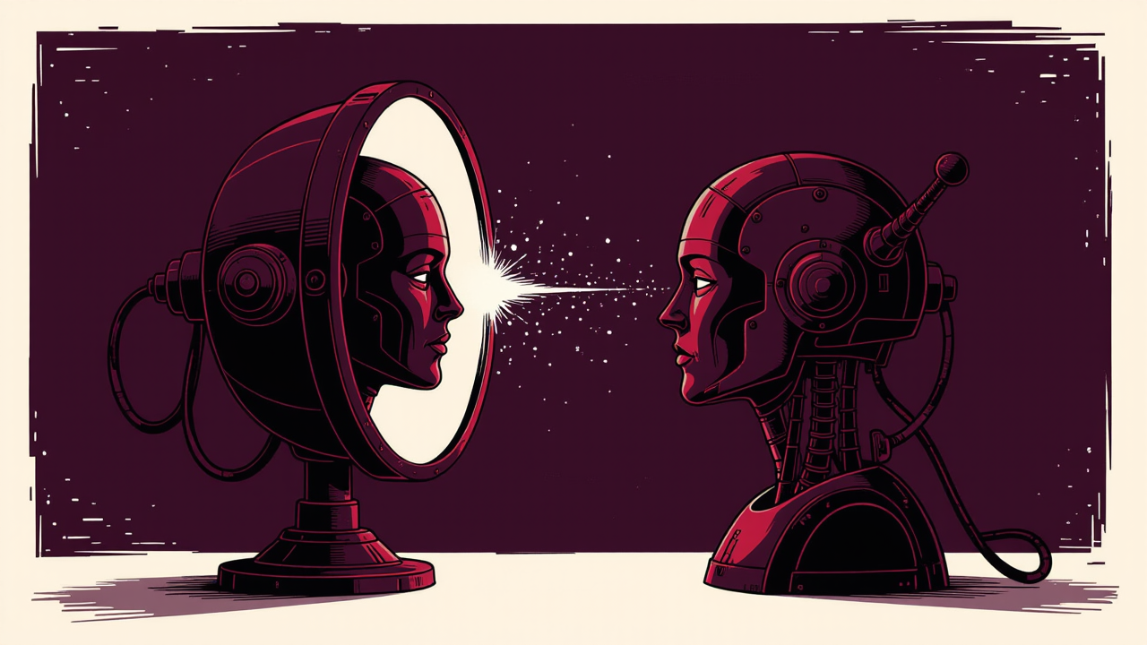 データを圧縮するために自分自身を映し続ける機械のイラスト