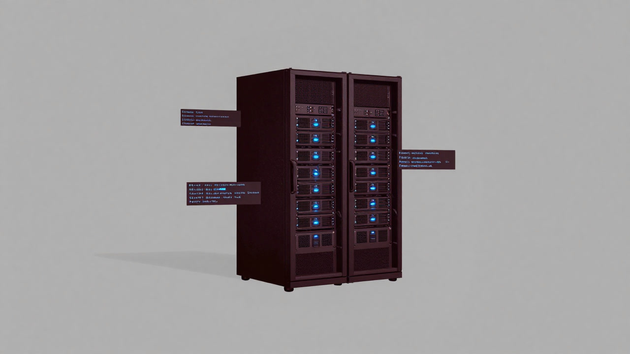 A central rack of an automated decision-making system glowing with cold lights against a background of countless lines of code and data.