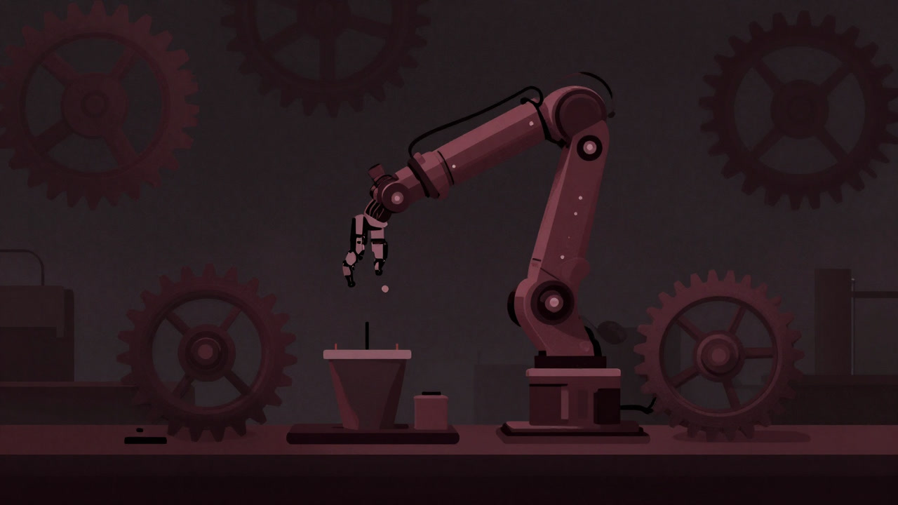 Image of a robotic arm expressionlessly performing tasks surrounded by gears and cogs