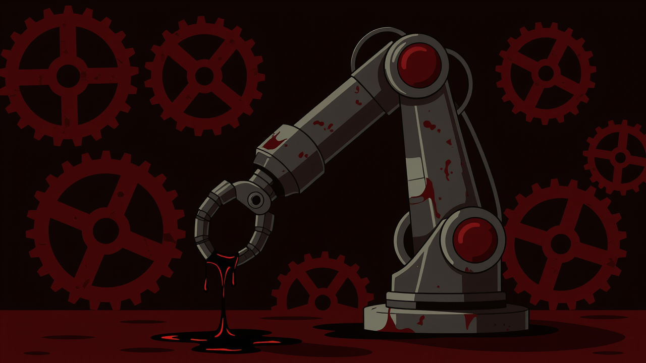 歯車に囲まれ、疲れた表情で停止するロボットアームのイラスト