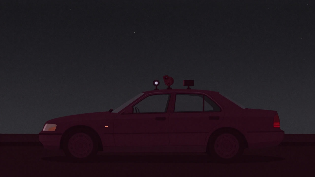 Silhouette of a self-driving car standing against a night sky with an array of complex sensors