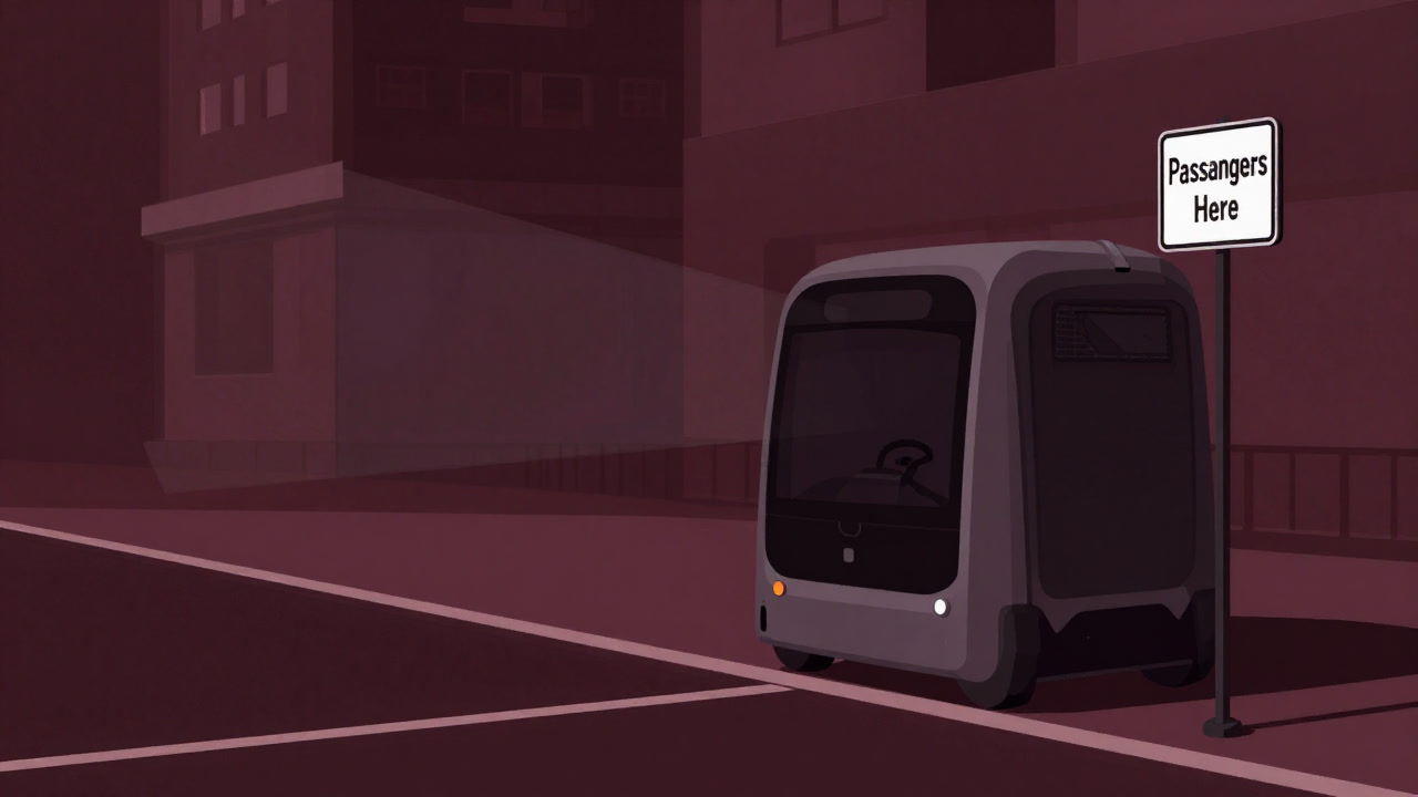 Image of a driverless shuttle parked by the roadside, proudly displaying a passenger sign in a near-future scene.