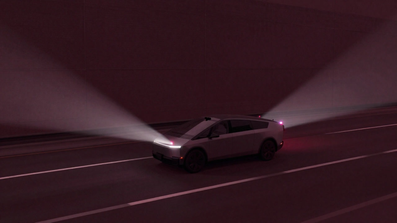 未来の道路を無人で走る自動運転車が、運転席に誰もおらず、路面のセンサーライトを見つめる絵