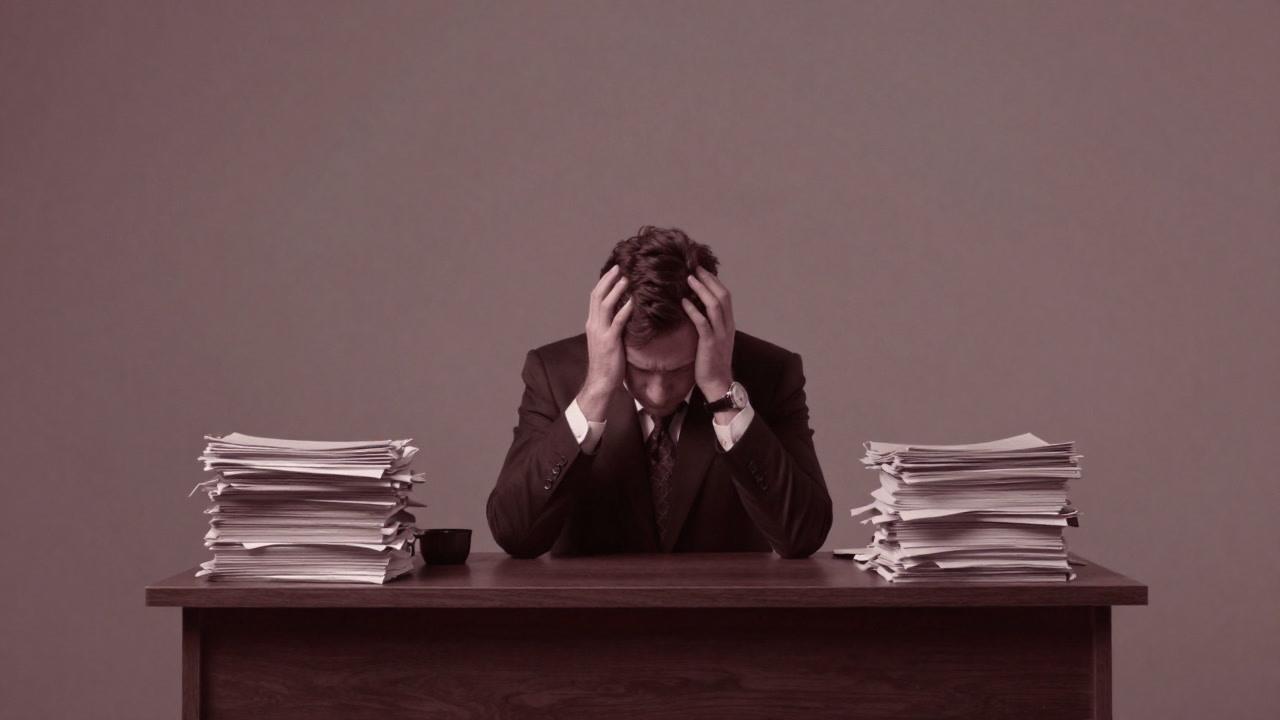 Illustration of a salaryman alone at his desk, about to be crushed by the weight of autonomy.