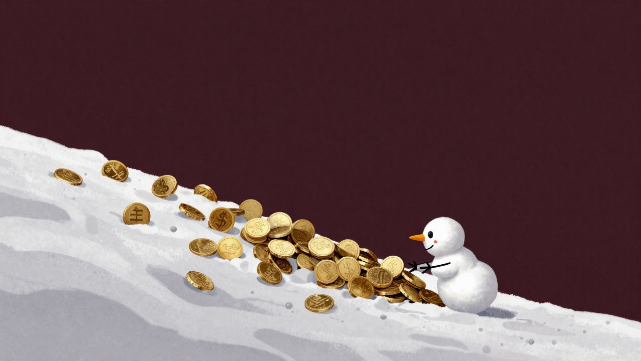 Illustration of a small snowman pushing a pile of gold coins down a slope like an avalanche