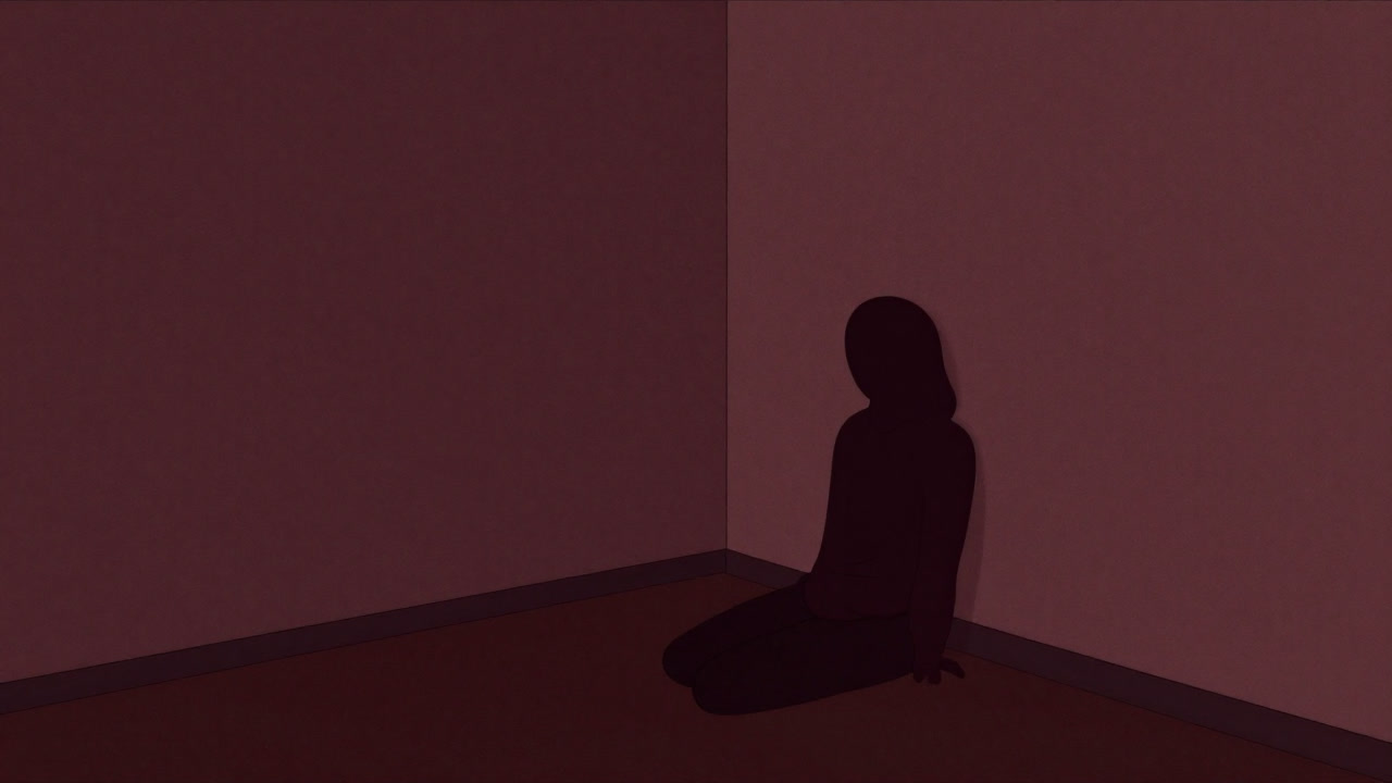 Illustration of a lone figure sitting in the corner of a sofa, turned away, staring at the wall.