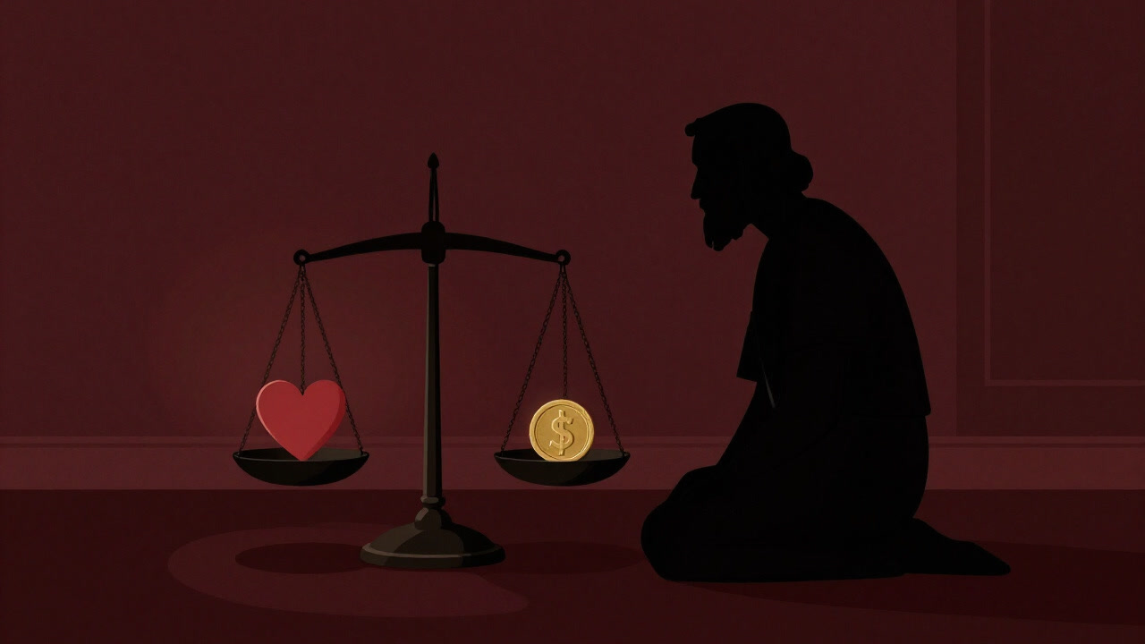 Silhouette of a philosopher gazing at a heart and a coin balanced on scales
