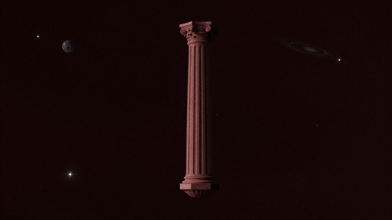 Artistic illustration of a colossal pillar floating against a backdrop of stars