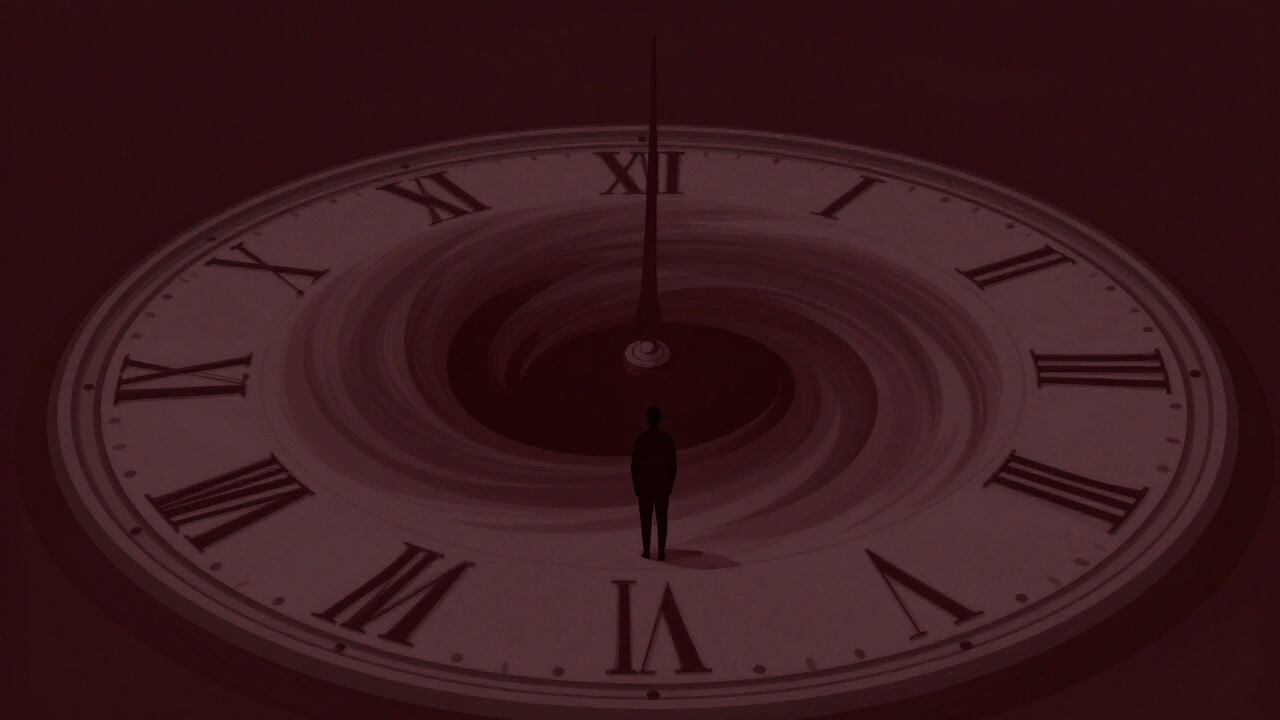 A lone silhouette standing before a swirling vortex of spacetime at the center of a clock face