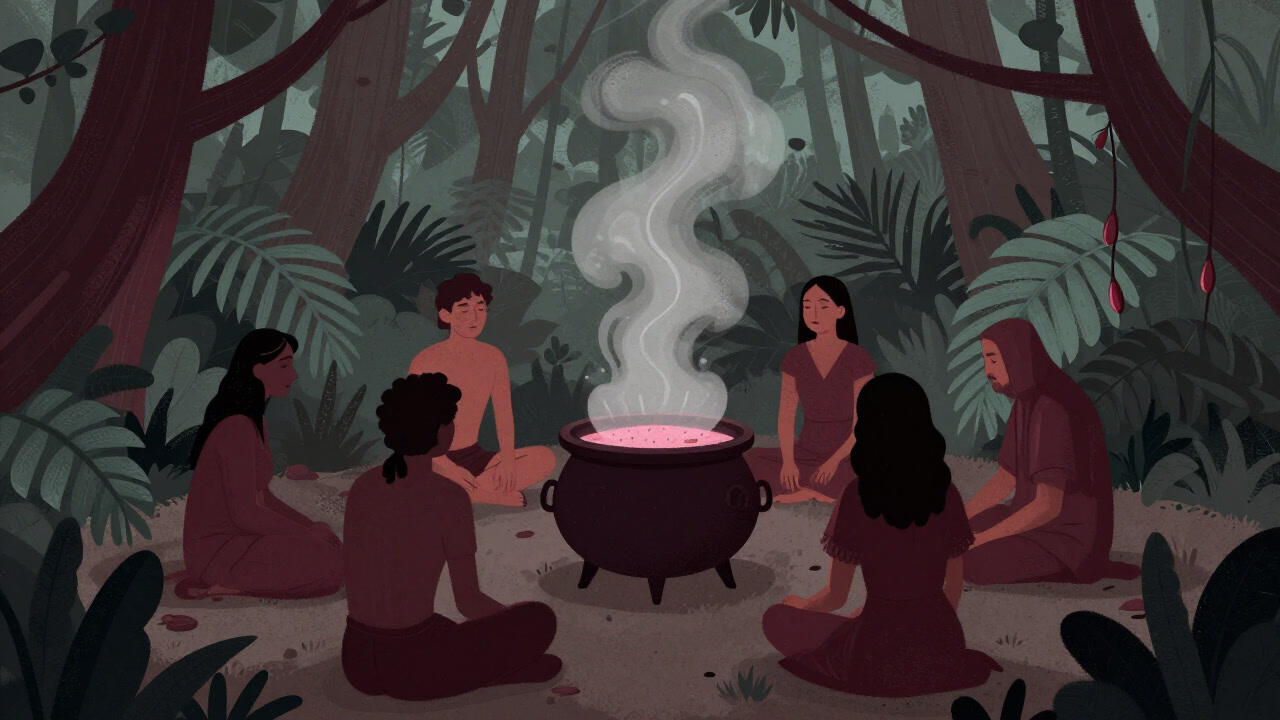 渦巻く霧の中、色鮮やかな植物の葉とともにトランス状態にある参加者たちのシルエット。