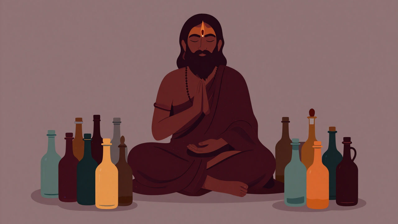 古代インドの賢者を模した人物が大量のオイル瓶に囲まれているイラスト