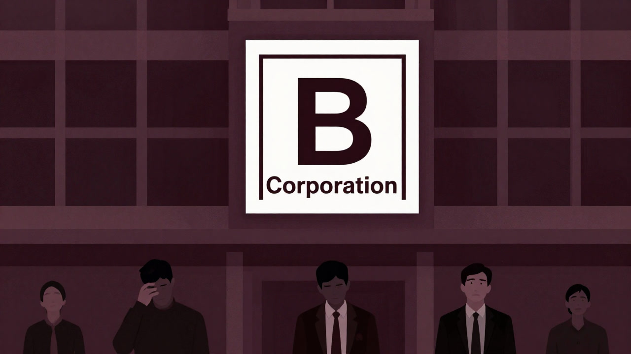 企業の看板に大きく貼られたBコーポレーション認証ロゴと、その下で賃上げを待つ社員のシルエット