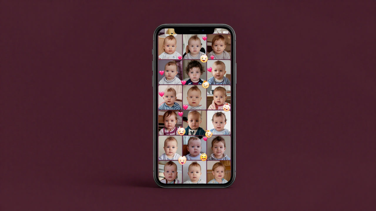 スマホ画面いっぱいに赤ちゃんの写真と絵文字が溢れるグループチャットの画像