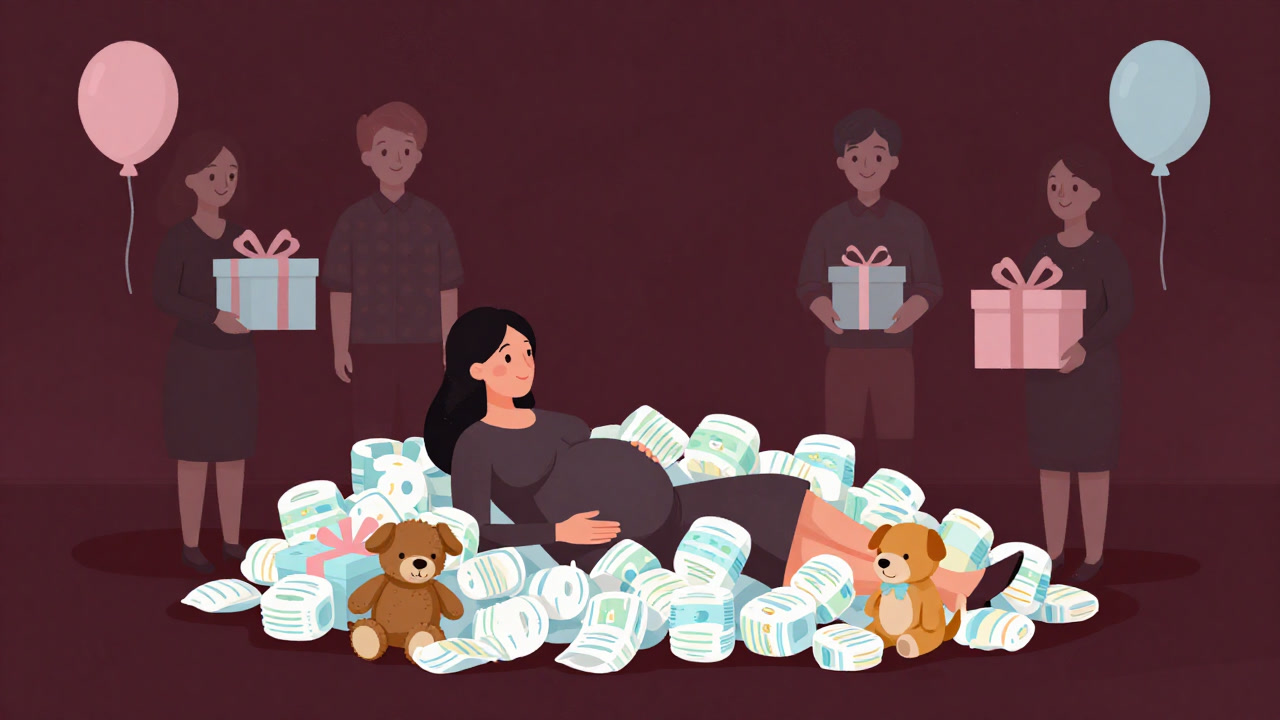 ピンクとブルーの装飾に囲まれ、山積みのおむつとぬいぐるみに埋もれる母親が微笑む様子