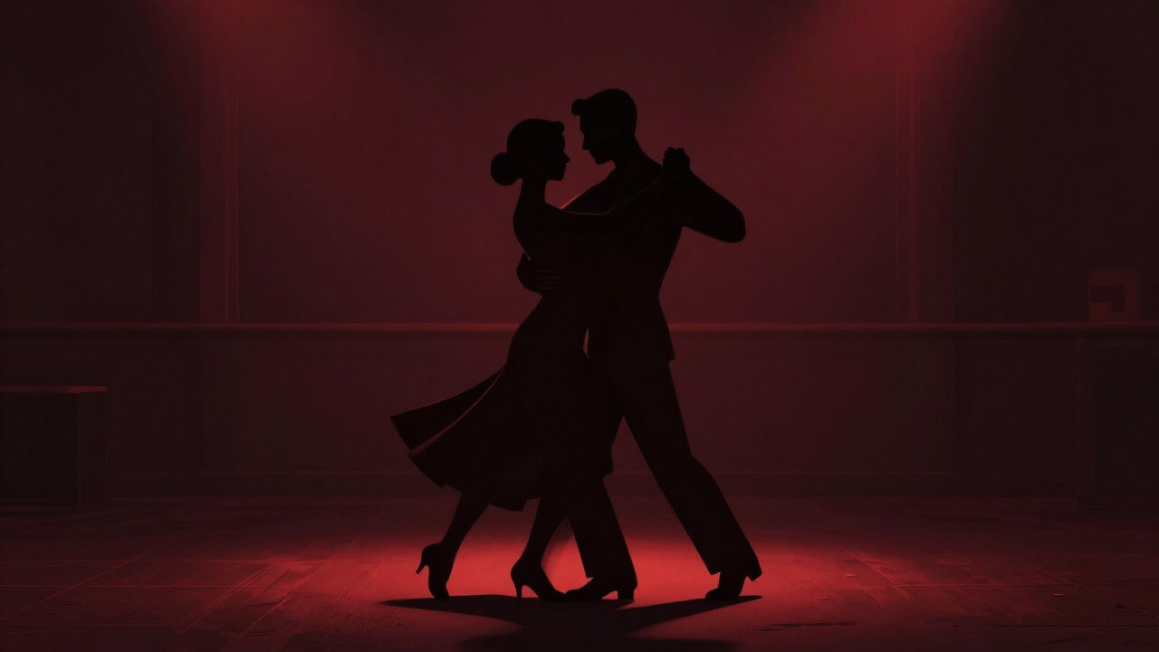 Silhouetted couple dancing intimately under red club lights at dusk, symbolizing the passion and pain of bachata.