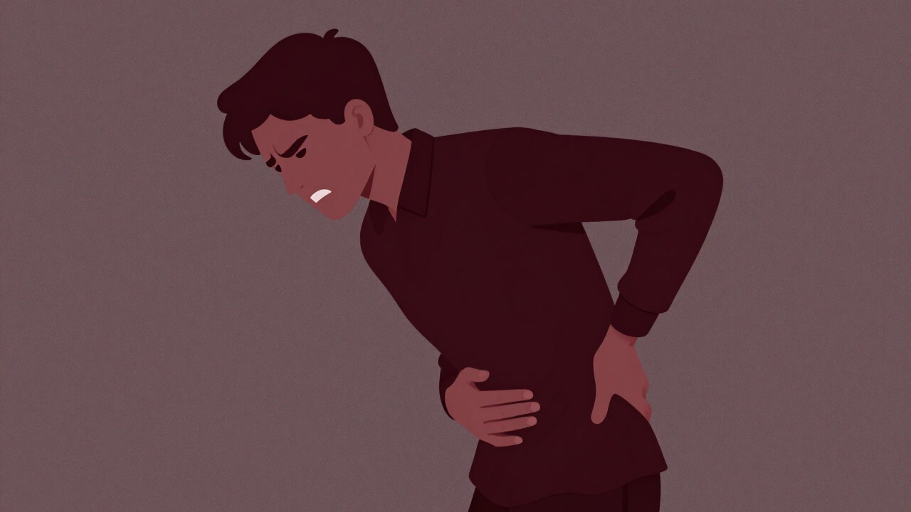 背中をさする人間の腰に怨念のような視線を向けるイラスト