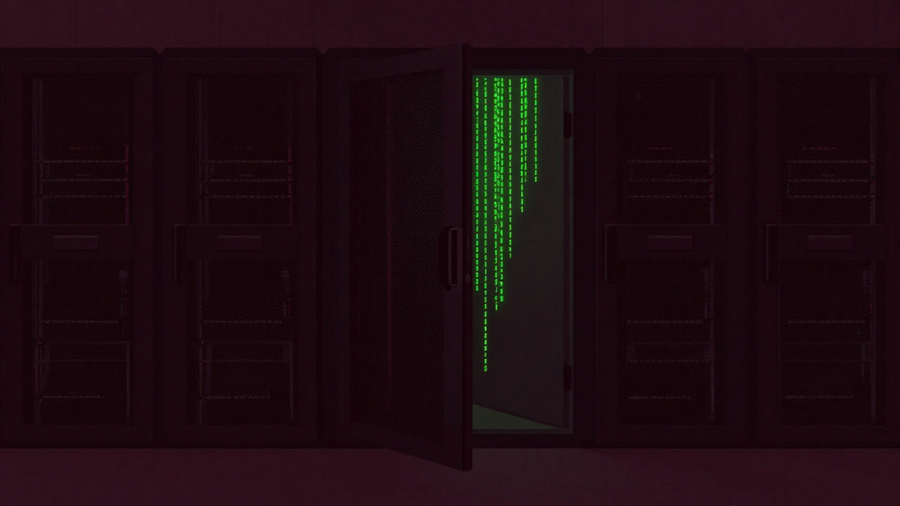 暗いサーバールームの壁にひっそりと開いた裏口扉から緑色の二進法が漏れ出す様子