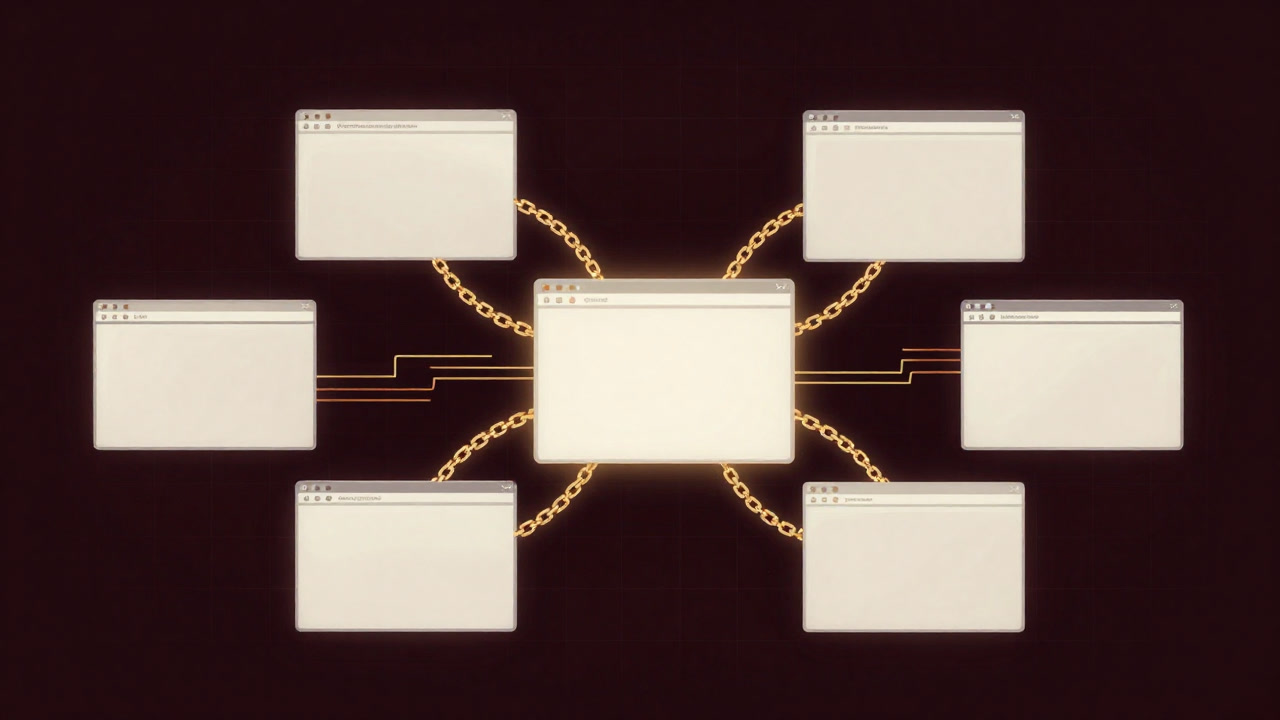 An image of countless web pages connected by chains, playfully exchanging evaluation