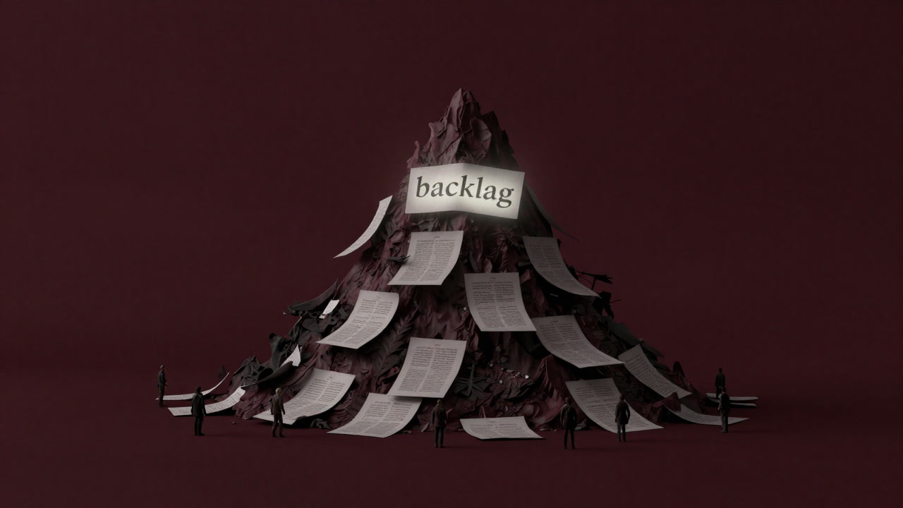 Image of a towering stack of unhandled task lists glowing in darkness.