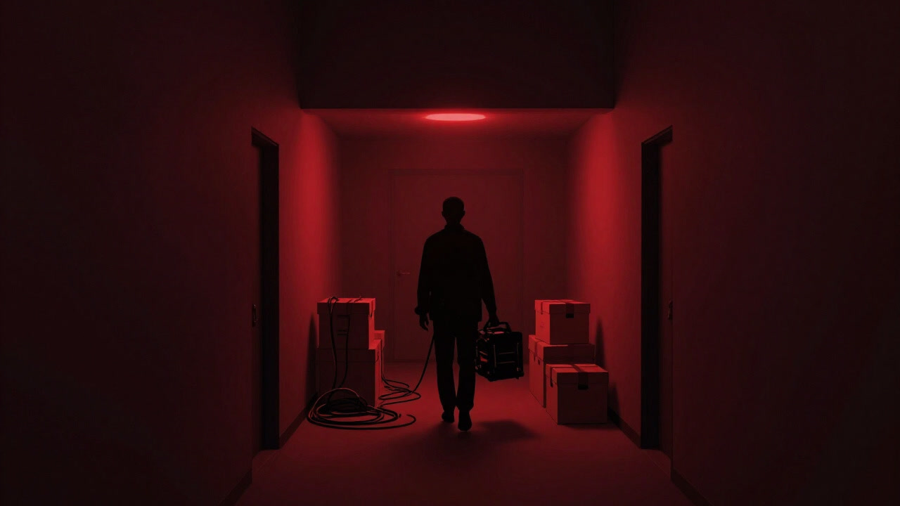 Illustration of a figure walking through a narrow corridor behind red spotlights, buried in cables and equipment
