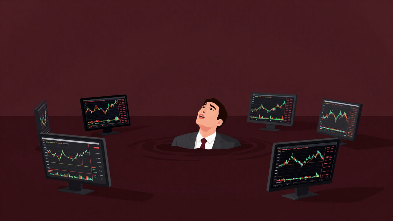 Illustration of an investor buried in past charts hugging knees in stunned despair