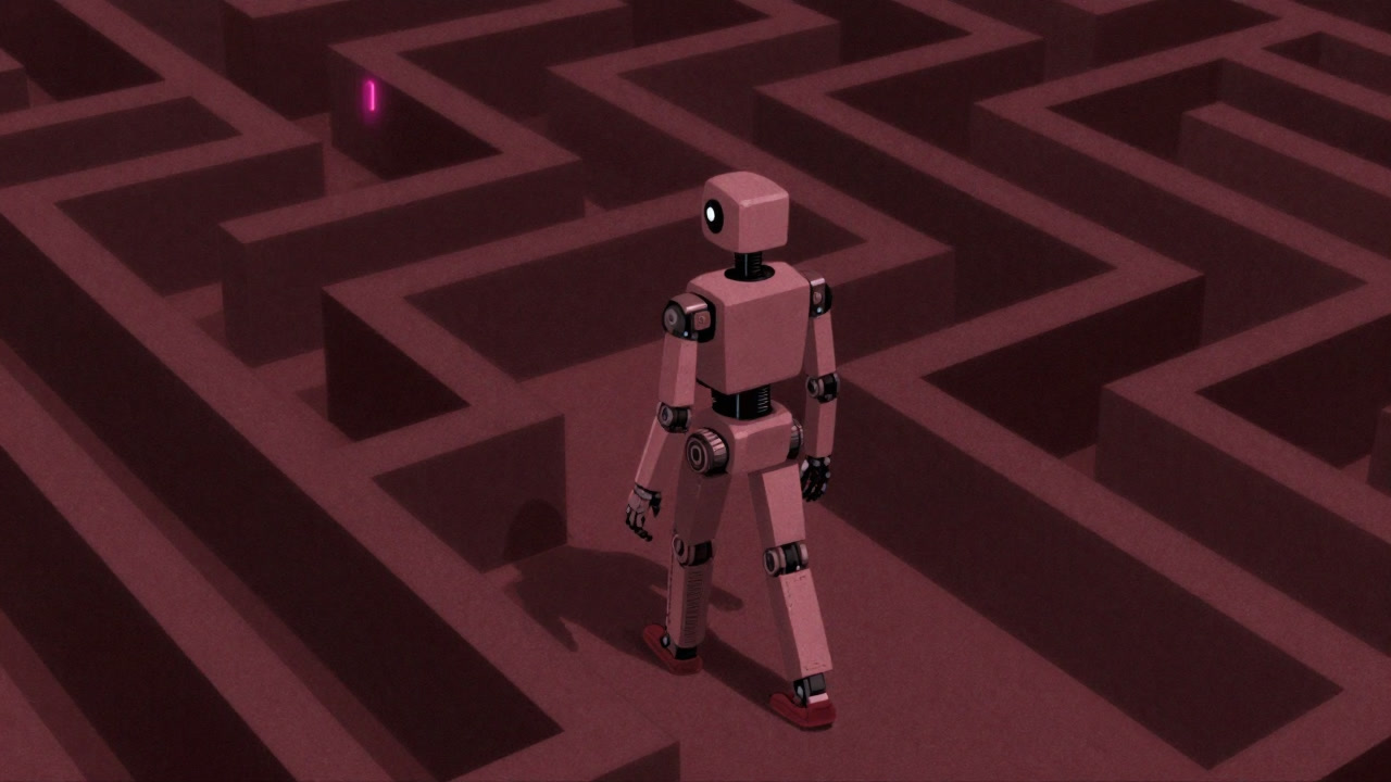 Illustration of a robot walking backwards atop a complex branching maze