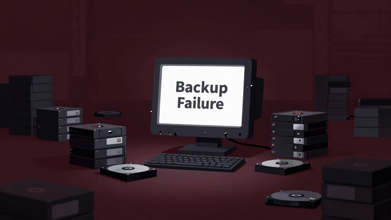 Illustration of an old hard disk and tapes left unattended in a dark warehouse, with a cracked screen displaying the words 'Backup Failure'.
