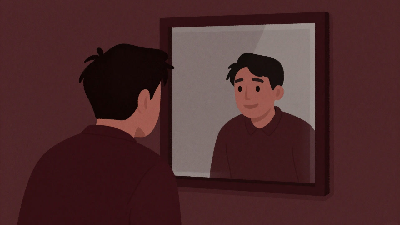 Illustration of a person under pressure staring into a mirror but smiling at their distorted reflection without noticing