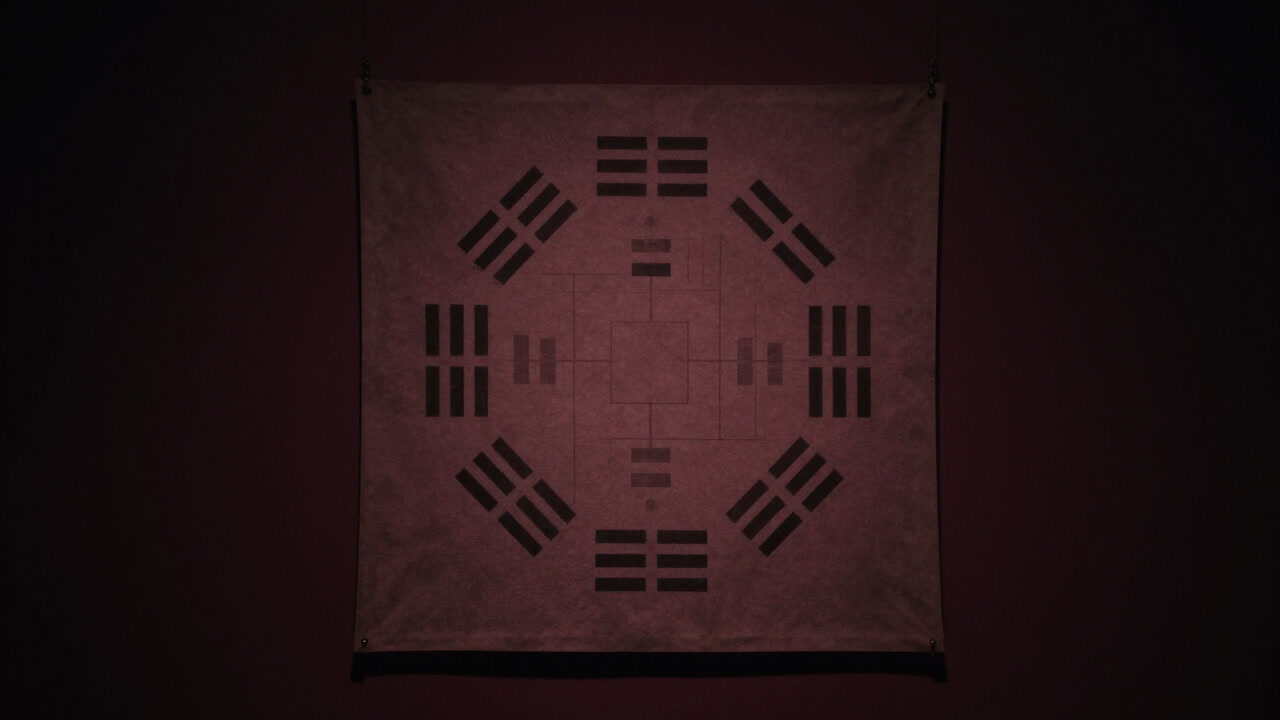 Bagua diagram hanging on a wall in a dimly lit room, emitting mysterious glow