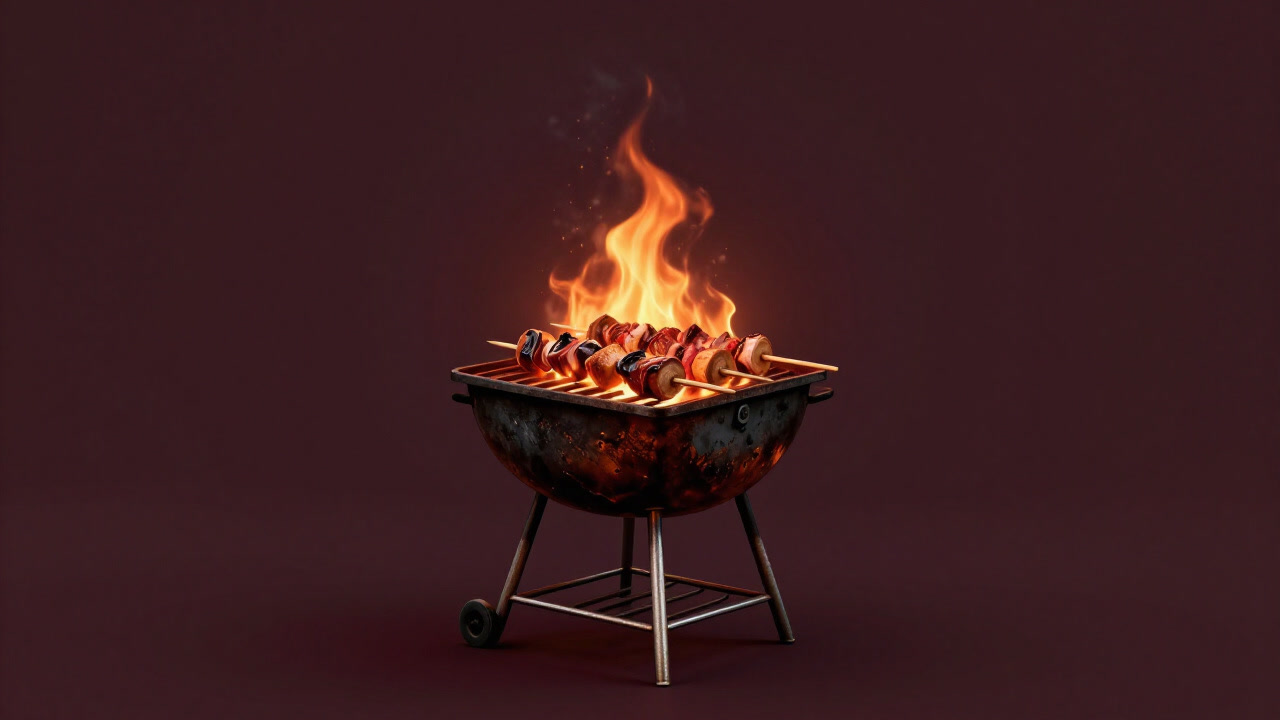 A photo of a worn-out grill sinking into a sea of flames while roasting ingredients.