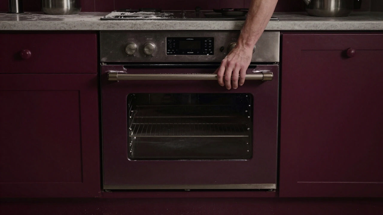 Image of a flour-dusted kitchen, focusing on a baker's hands waiting to open the oven door