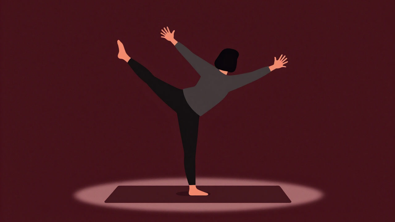 Silhouette of a person precariously balancing on a yoga mat