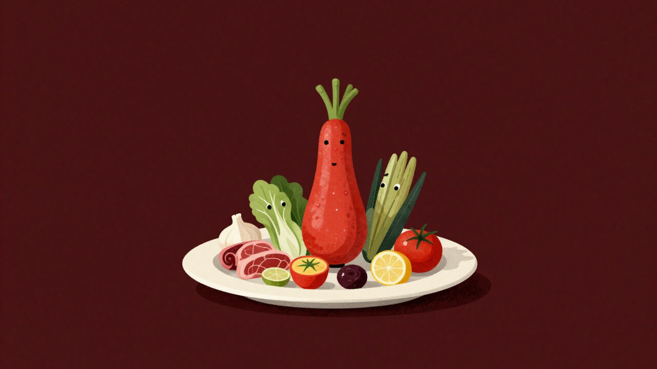 色とりどりの食材がバランス良く配置されたプレートを見つめる、人間のような表情をした野菜と肉のイラスト