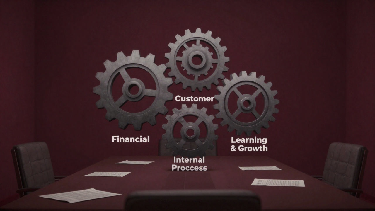 An eerie illustration of four mechanical gears representing perspectives floating above an empty conference table