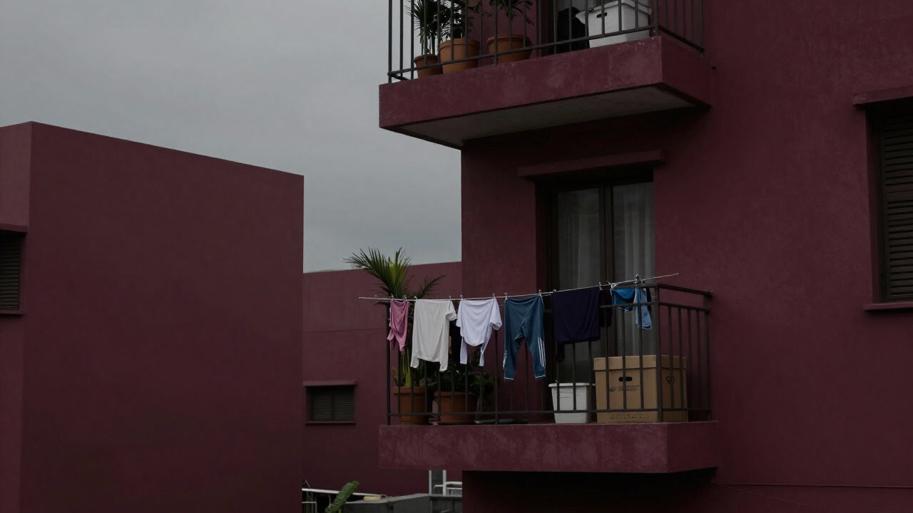 洗濯物と観葉植物が入り乱れた狭いバルコニーの俯瞰写真