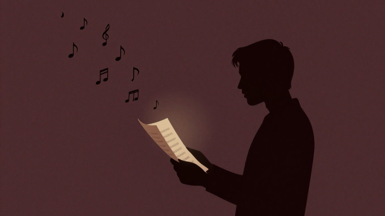 キャンドルライトに照らされ、孤独に歌詞を見つめるシンガーの影と消え行くメロディーの残響を表現した画像