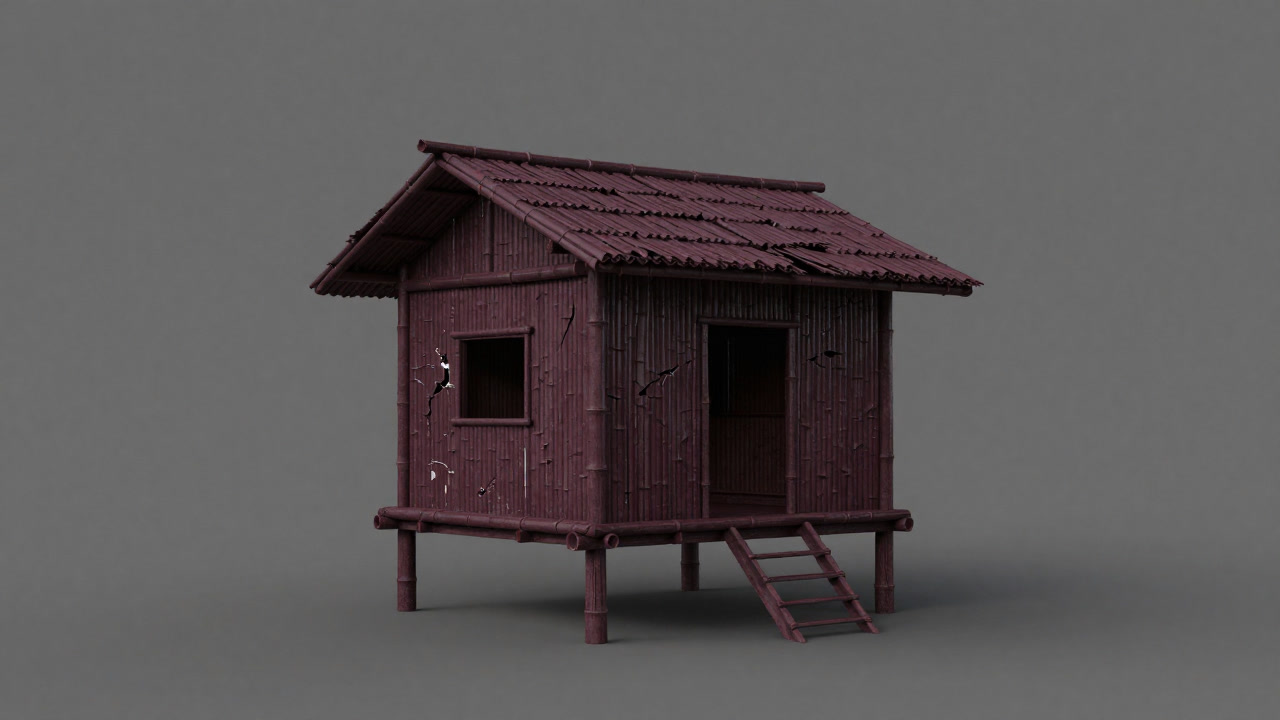 竹の廃屋になりかけたエコハウスの外観