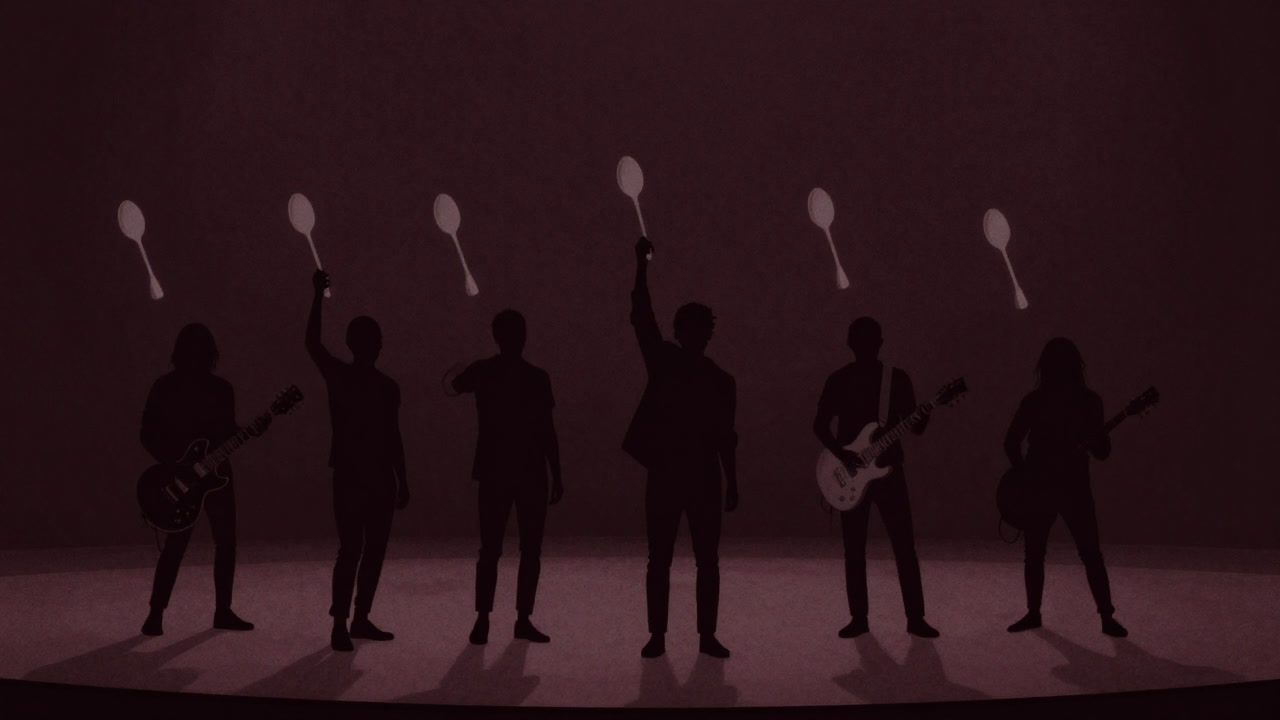 Silhouette of band members on stage appearing to abandon their performance as if throwing down spoons