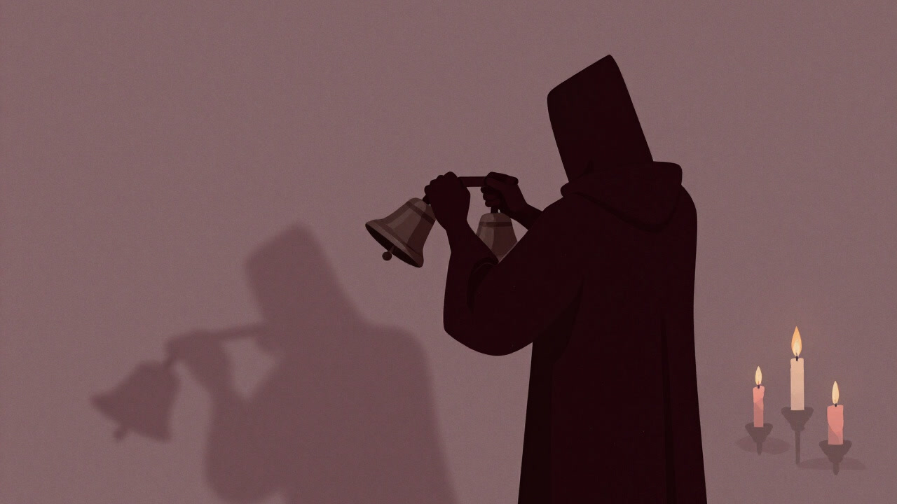Image of an exorcist shaking bells in dim light, silhouette visible