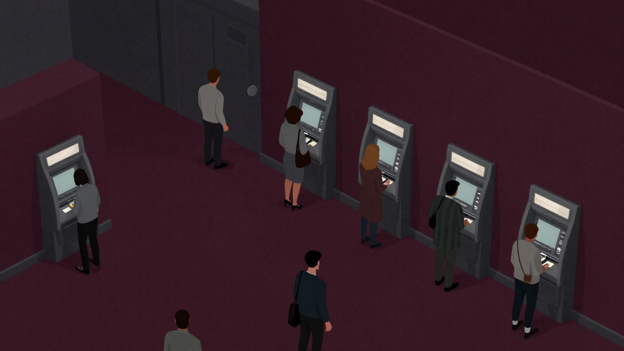 Top view of anxious people swarming around ATMs in a dim bank lobby