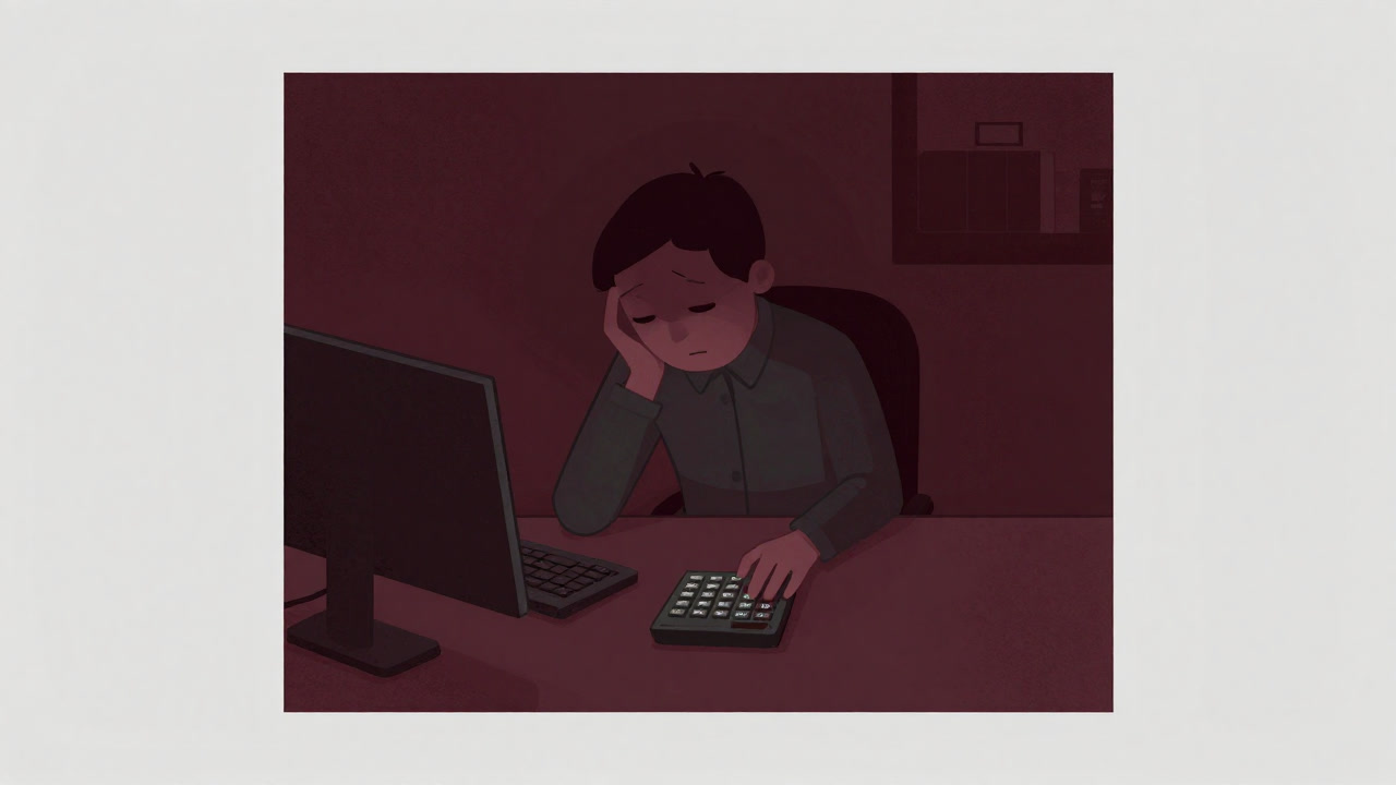 Illustration of a bankrupt individual staring blankly at a worn-out calculator in silence