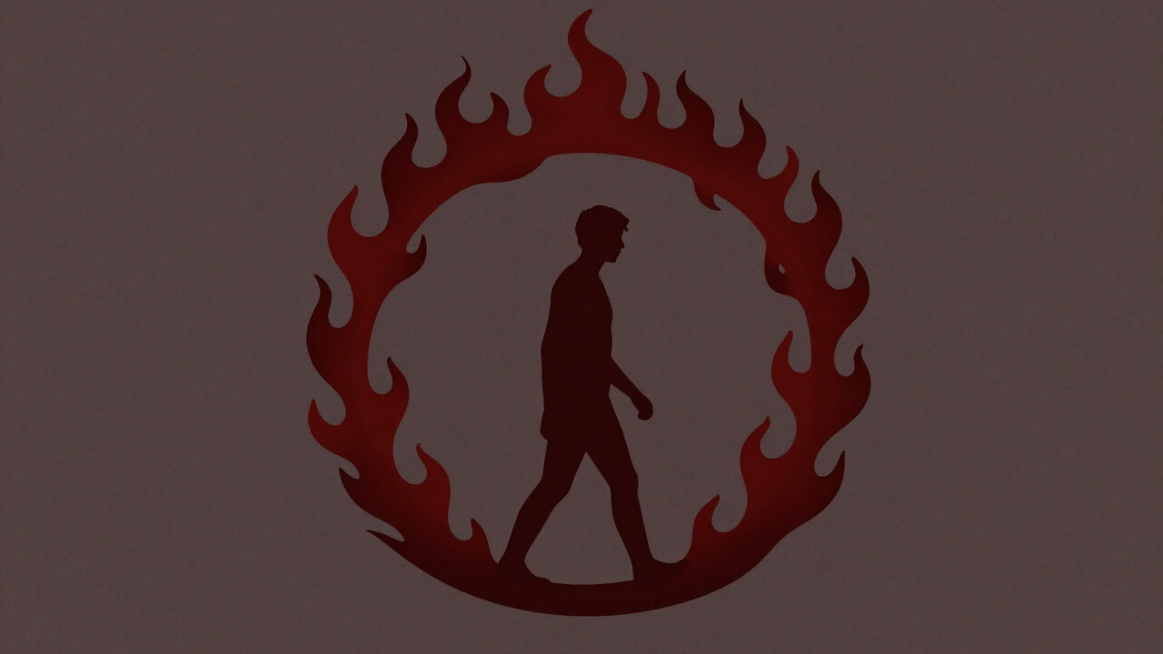 Silhouette of a figure walking through a ring of flames