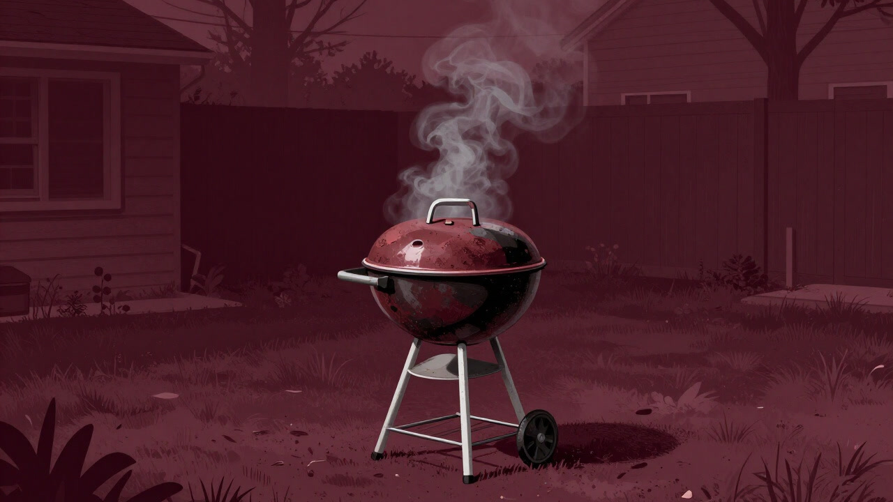 A dirty barbecue grill standing proudly in a backyard emitting smoke on the weekend
