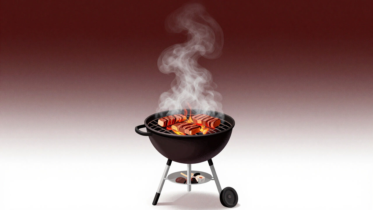 An outdoor barbecue grill billowing smoke as it sears meat